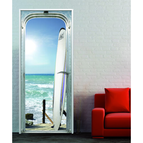 Sticker mural décoratif 204 cm X 83 cm, trompe l'oeil planche sur ponton bord de mer, ciel bleu ensoleillé.