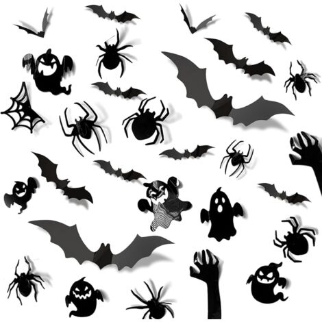Sticker mural décoratif 3D pour Halloween (Mix de chauves-souris, fantômes et araignées)