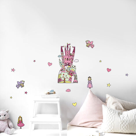 Sticker mural décoratif 68 cm X 24 cm, Château de conte de fée, princesses et bonnes fées, décoration murale pour enfants.