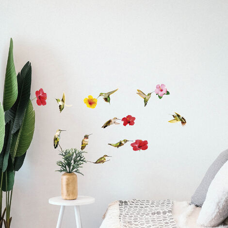 Sticker mural décoratif 68 cm X 24 cm, Colibris & Fleurs de Bali, mélange de couleurs vives, décoration murale pour la maison.