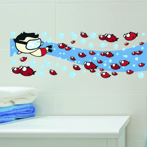 Sticker mural décoratif 68 cm X 24 cm - Poissons Rouges et Nageur - Décoration Murale pour Maison et Bureau