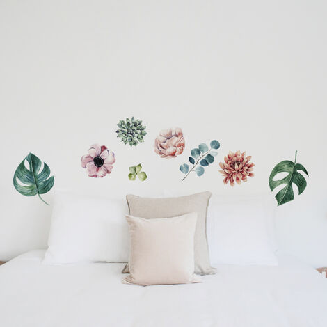 Sticker mural décoratif 68 cm X 48 cm, illustration aquarelle de fleurs pâles, décoration intérieure pour la maison.