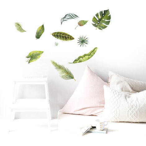 Sticker mural décoratif 68 cm X 48 cm, illustration de feuilles tropicales vertes en aquarelle, décoration murale pour la maison.