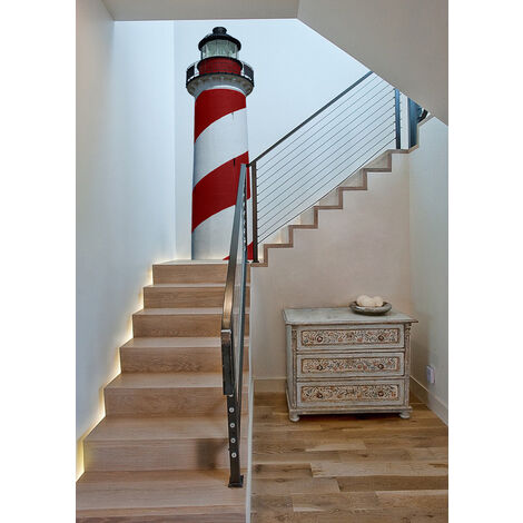 Sticker mural décoratif Bord de mer, Photo décorative Phare rouge et blanc, 50x171,5cm, Magnifique Décoration Murale.