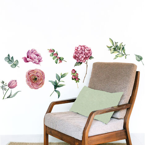 Sticker mural décoratif fleurs aquarelle, 68 cm X 48 cm, illustration pâle et délicate