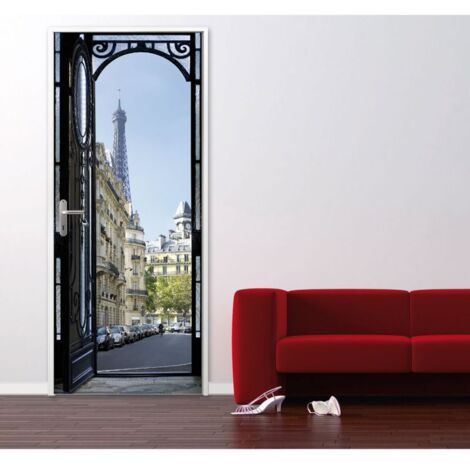 Sticker mural décoratif Paris, 204 cm X 83 cm, Tour Eiffel, voiture, immeubles, porte en fer noir ouverte
