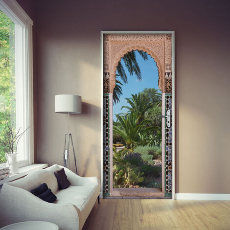 Sticker mural décoratif porte arcade orientale, trompe l'oeil, 204 cm X 83 cm, jardins de palmiers et cactus