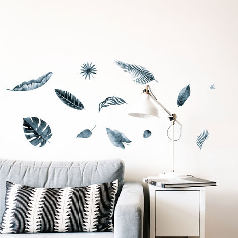 Sticker mural décoratif tropical, feuilles bleues aquarelle, 68 cm X 48 cm, décoration intérieure