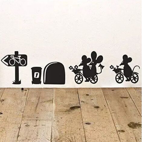 Sticker mural en vinyle pour plinthe, motif vélos et trous de souris, 28 cm x 7 cm