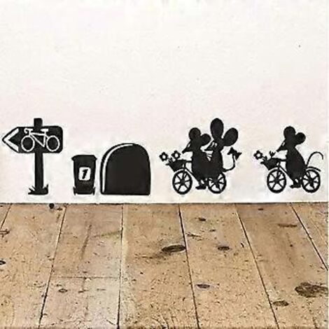 Sticker mural en vinyle pour plinthe, motif vélos et trous de souris, 28 cm x 7 cm. Décoration murale créative pour chambre, salon, bureau et électroménager.