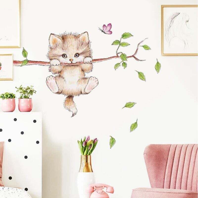 Sticker mural enfant SWEET CAT (70x50 cm) I Sticker animal de la forêt branche d'arbre fleurs I Sticker mural pour chambre d'enfant bébé fille