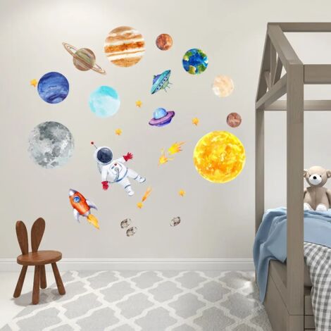 Sticker mural espace, planètes du système solaire, astronaute, décoration murale pour chambre d'enfant, chambre de bébé, chambre de garçon.