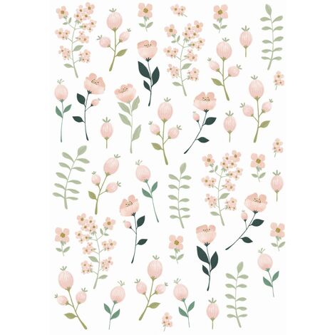 sticker mural fleurs blanc, rose et vert  - ESTAhome