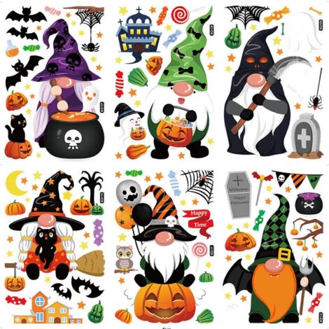 Sticker mural Halloween Gnome, Araignée, Chauve-souris, Citrouille, Papier peint artistique pour décoration de porte, fenêtre et mur, cadeau