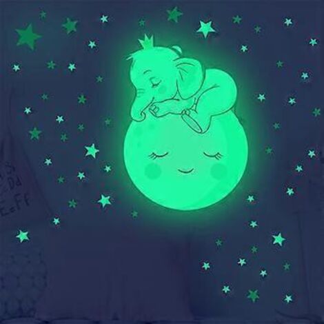 Sticker mural lumineux et créatif, éléphant de dessin animé avec lune et visage souriant