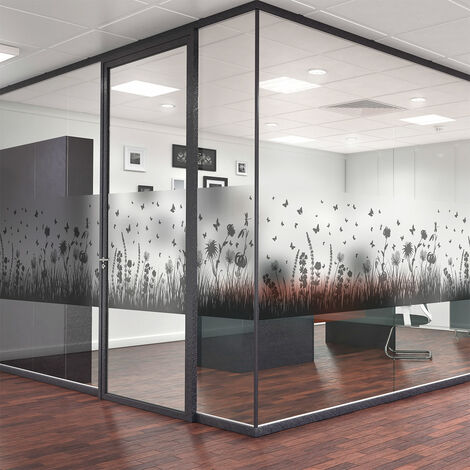 Sticker mural occultant pour fenêtres – Champ de fleurs et papillons – Dimensions 40x200cm – Limite visibilité tout en laissant passer la lumière