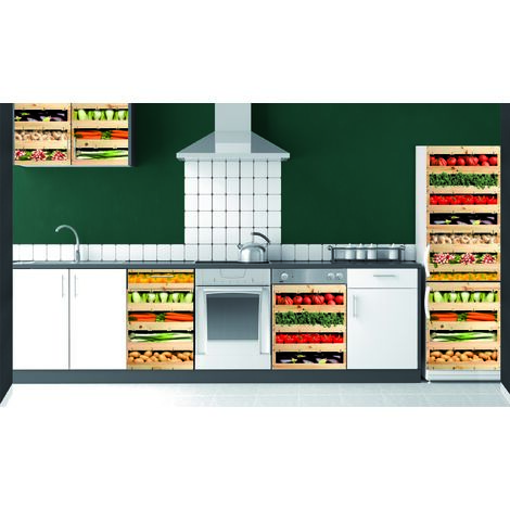 Sticker mural Photo trompe l'oeil cagettes légumes 180x60cm, Réfrigérateur Décoration intérieure, Idée cadeau originale