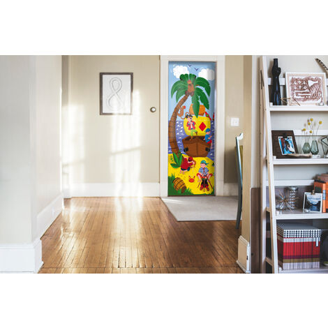 Sticker mural Pirates: Île avec Pirates et Singes, 204x83cm - Décoration Porte Murale, Autocollant Amovible