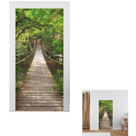 Sticker mural Porte Trompe-l'Œil - Autocollant Porte Pont en Jungle - Décor mural autocollant - Poster Autocollant pour Porte
