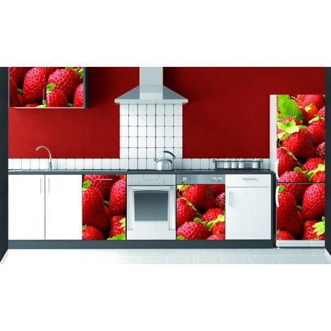 Sticker mural réfrigérateur Fraises géantes, Déco gourmande, 59,5 cm X 180 cm, Décoration cuisine fraîche et délicieuse.