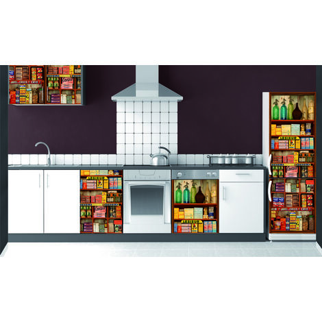Sticker mural réfrigérateur vintage, 180 cm X 60 cm, photo trompe l'oeil étagère épicerie ancienne. Décorez votre cuisine avec ce produit unique