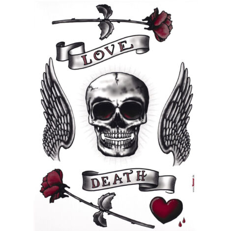Sticker mural tête de mort et roses, avec écriture -love et death - 50x70 cm