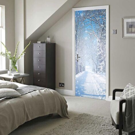 Sticker mural trompe-l'œil 3D « Paysage d'hiver enneigé » 77 x 200 cm pour la décoration du salon, de la cuisine, de la chambre et de la salle de bain.