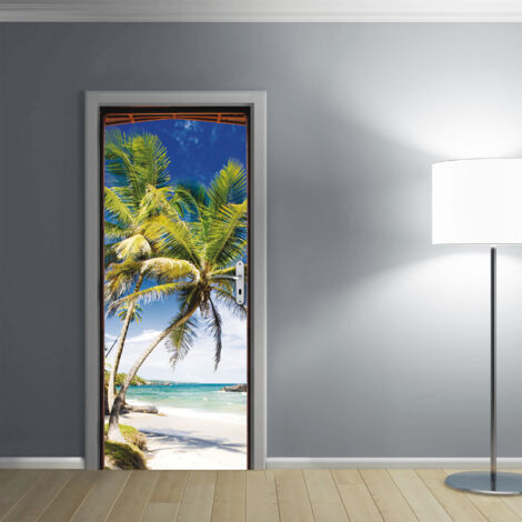 Sticker mural Trompe l'oeil, Paillote, île de palmiers, sable fin et mer, 204 cm X 83 cm, ouverture porte décorative
