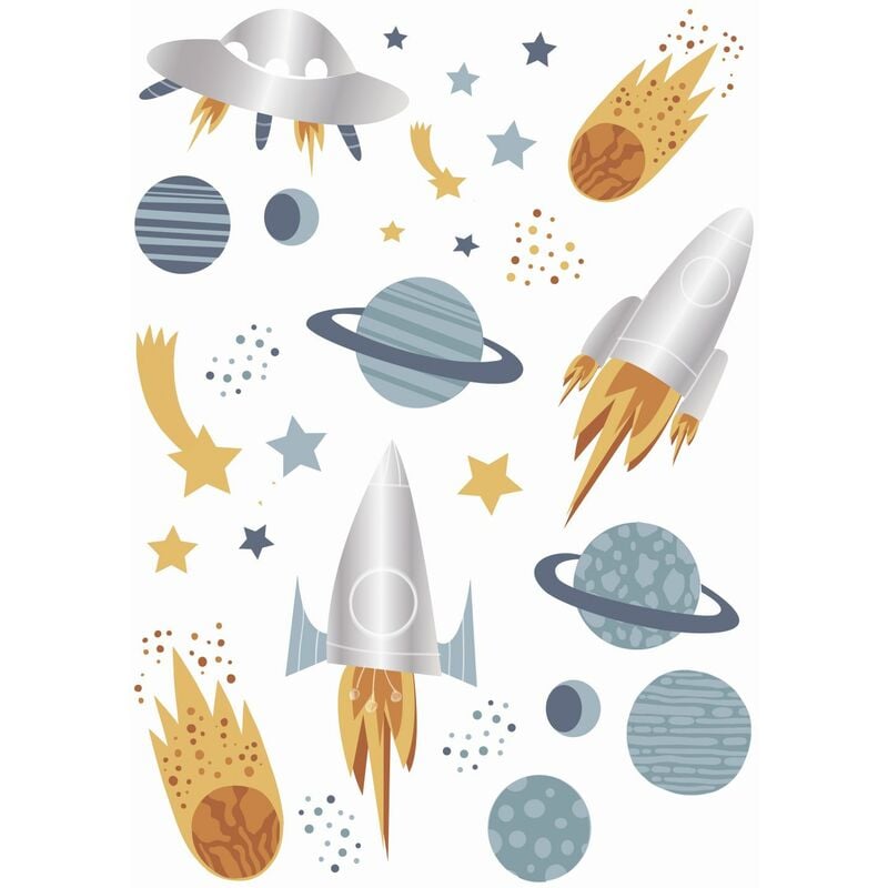 Sticker mural Univers bleu, gris et jaune Estahome