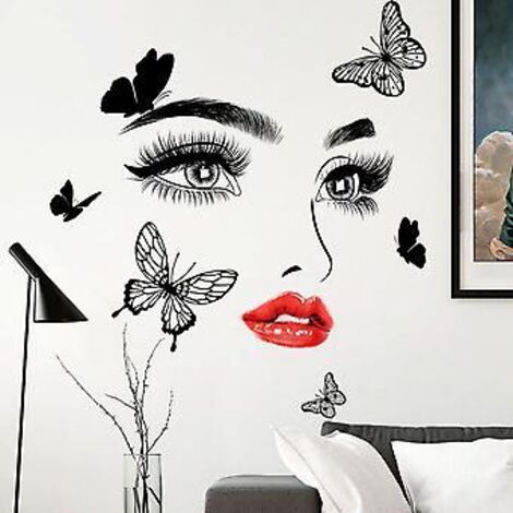 Sticker mural « Visage, yeux et lèvres d'une belle jeune fille », sticker mural papillon féminin et confiant, stickers muraux amovibles pour chambre et salon