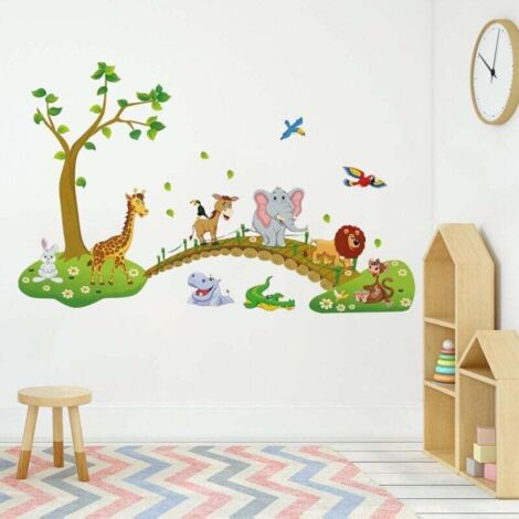 Sticker Muraux Animaux Jungle Autocollant Mural Arbres Amovible Deco Stickers Girafe Éléphant Singe Chambre Enfant Bébé Salon Decoration