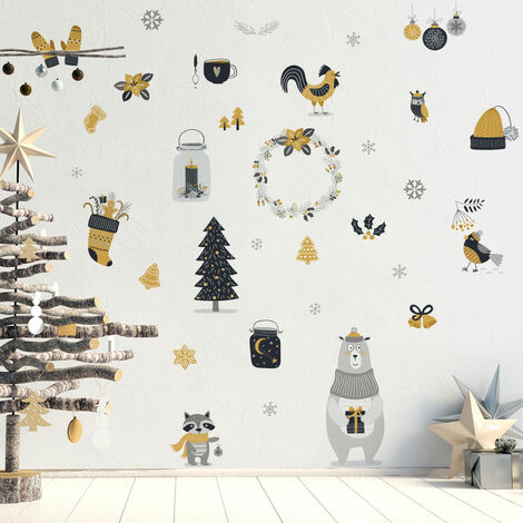 Sticker Noël animaux scandinave - Autocollants stickers adhésifs noël - décoration fêtes - 30x40cm