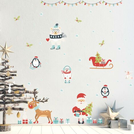 Sticker Noël le père noël et les animaux sous la neige de noël 120 x 180 cm