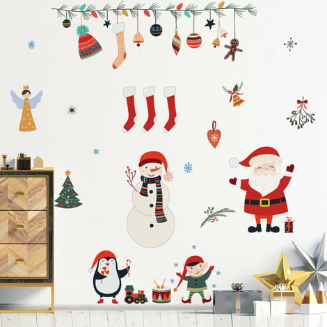 Sticker Noël père noël joyeux noël et bonne année - Autocollants stickers  adhésifs noël - décoration fêtes - 70x85cm