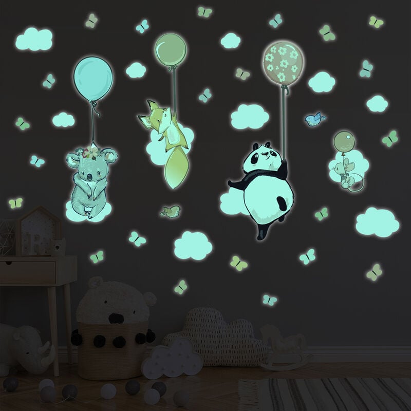 Sticker phosphorescent lumineux - animaux heureux volants - Autocollant mural plafond enfant fluorescent - 40x30cm