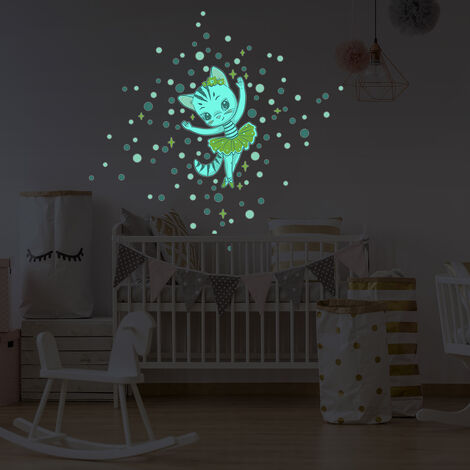 Sticker phosphorescent lumineux - CHAT BALLERINE + 100 RONDS COLORÉS - Autocollant mural plafond enfant fluorescent