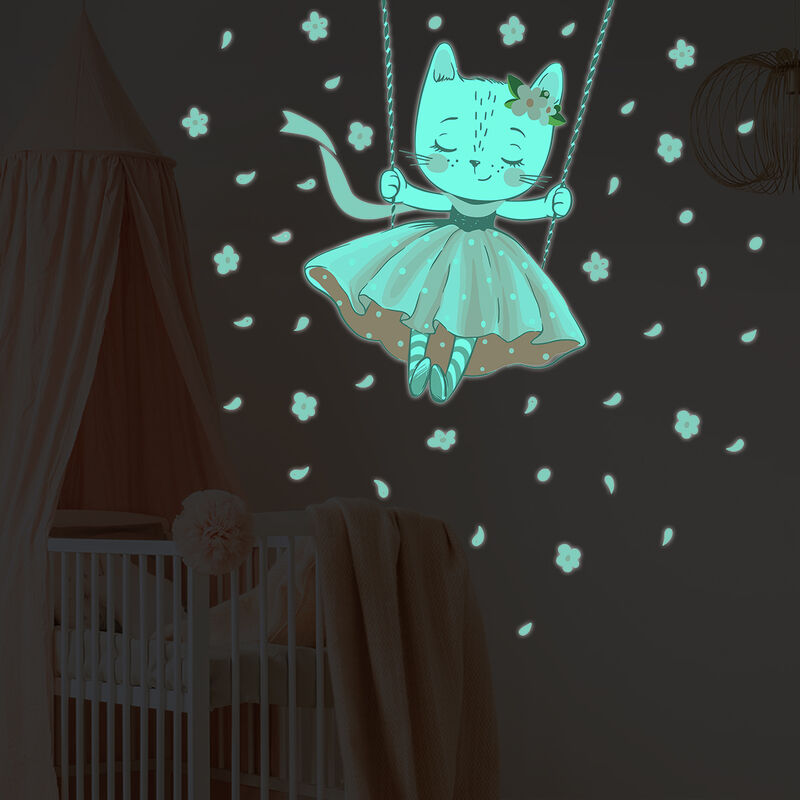 Sticker phosphorescent lumineux - chat danseuse - Autocollant mural plafond enfant fluorescent - 35x30cm