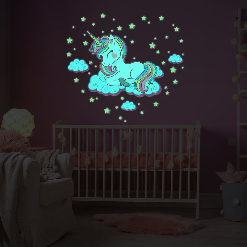 Sticker phosphorescent lumineux - licorne dans les nuages - Autocollant mural plafond enfant fluorescent - 60x70cm
