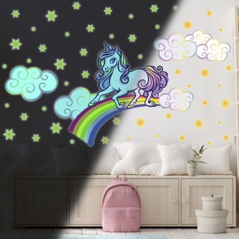 Sticker phosphorescent lumineux - LICORNE SUR ARC-EN-CIEL - Autocollant mural plafond enfant fluorescent - 30x40cm