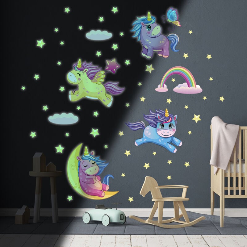 Sticker phosphorescent lumineux - licornes dans les étoiles - Autocollant mural plafond enfant fluorescent - 40x25cm