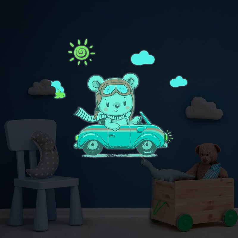Sticker phosphorescent lumineux - OURSON EN BALADE AUTOMOBILE - Autocollant mural plafond enfant fluorescent - 40x45cm