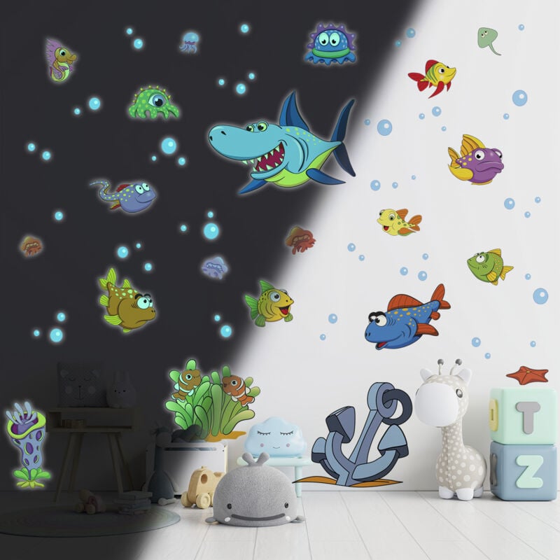 Sticker phosphorescent lumineux - poissons marins et requin - Autocollant mural plafond enfant fluorescent - 40x25cm