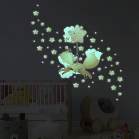 Sticker phosphorescent lumineux - RENARD ET SOURIS VOLANT + 80 ÉTOILES -  Autocollant mural plafond enfant fluorescent - 110x145cm