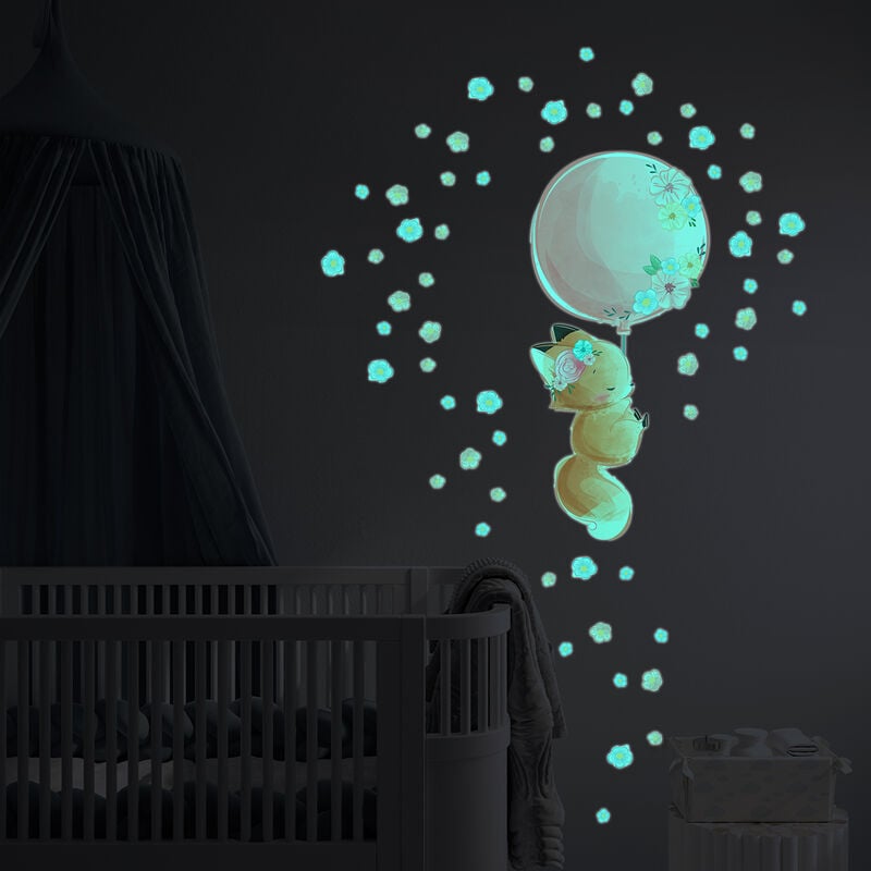 Sticker phosphorescent lumineux - renard et son ballon + 60 fleurs - Autocollant mural plafond enfant fluorescent - 30x35cm