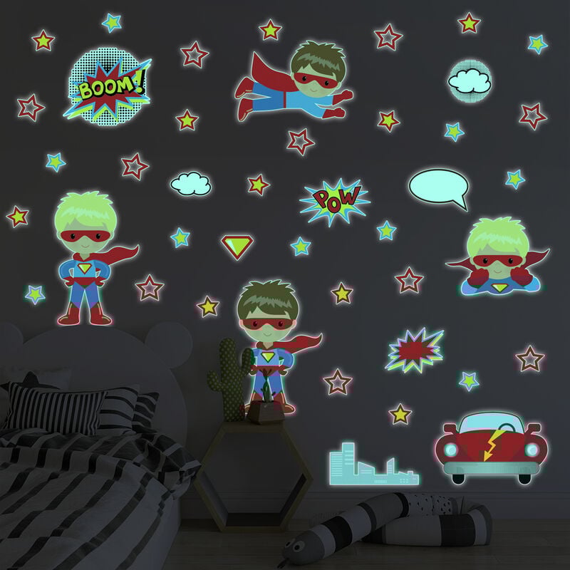 Sticker phosphorescent lumineux - super-héros - Autocollant mural plafond enfant fluorescent - 90x90cm