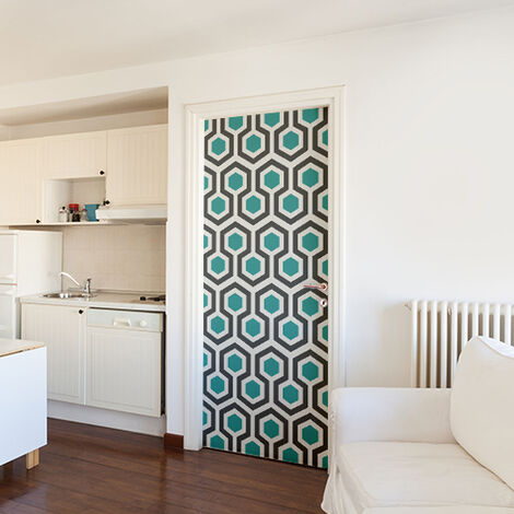 Sticker Porte 204cm x 83cm - Adhésif Déco Nid d'abeille Hexagones Bleu et Gris pour Portes et Placards