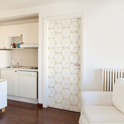 Sticker porte 3D or et blanc, Autocollant trompe-l'œil 204 cm X 83 cm pour portes en forme de cubes. Décorez votre porte avec ce sticker 3D unique 