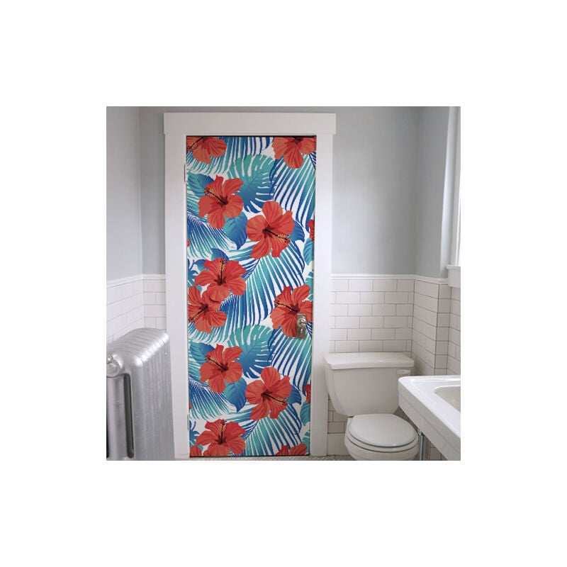 Sticker Adhésif Hibiscus rouge 204 cm x 83 cm, Décoration murale pour porte et placards, Effet papier peint.