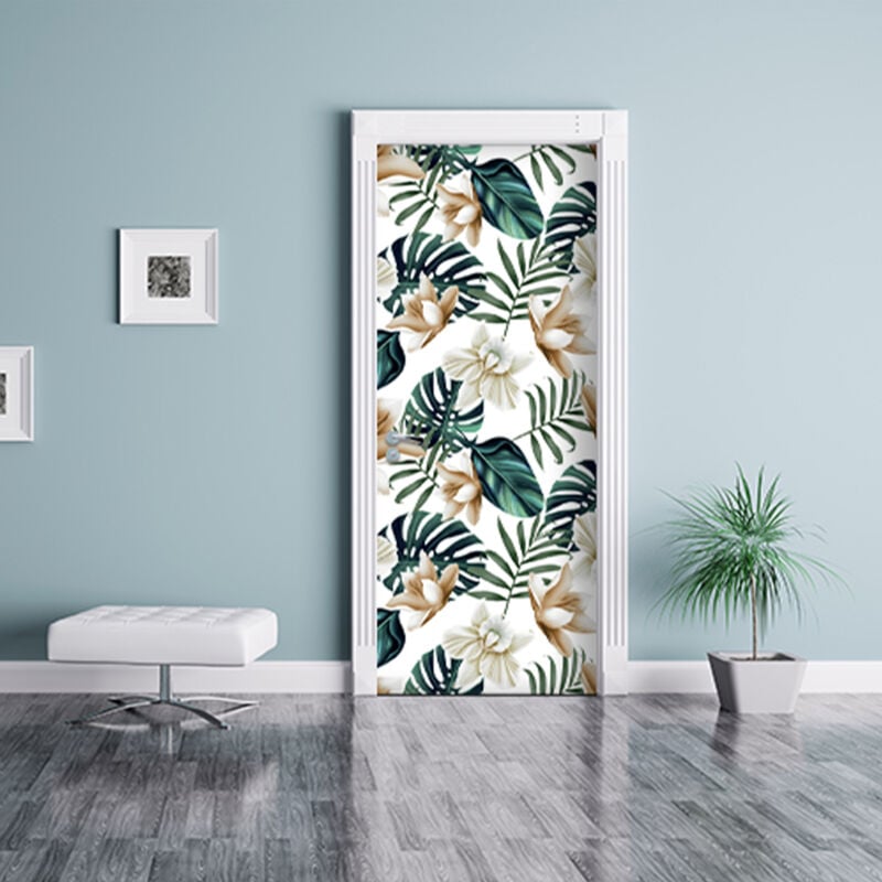 Sticker Porte Adhésif Déco Jungle Lotus Vintage, 204 cm x 83 cm pour Portes et Placards