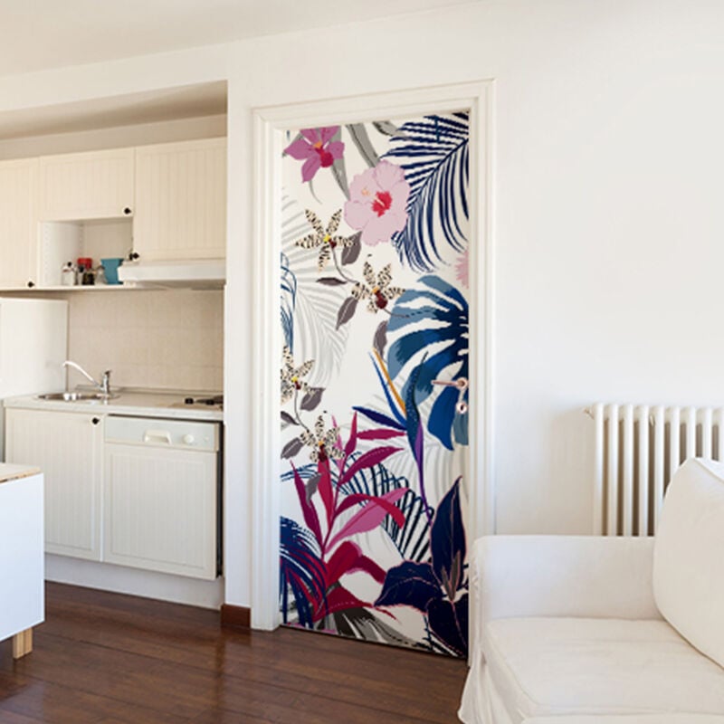 Sticker Adhésif Décoratif 204 cm x 83 cm pour Portes et Placards - Motif Plantes Exotiques Rose Bleu Vert